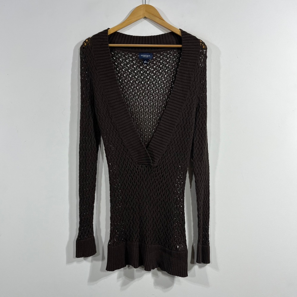 Sonoma Y2K Granola Elena Womens Brown Open Knit Sweater Small Fisherman Grunge